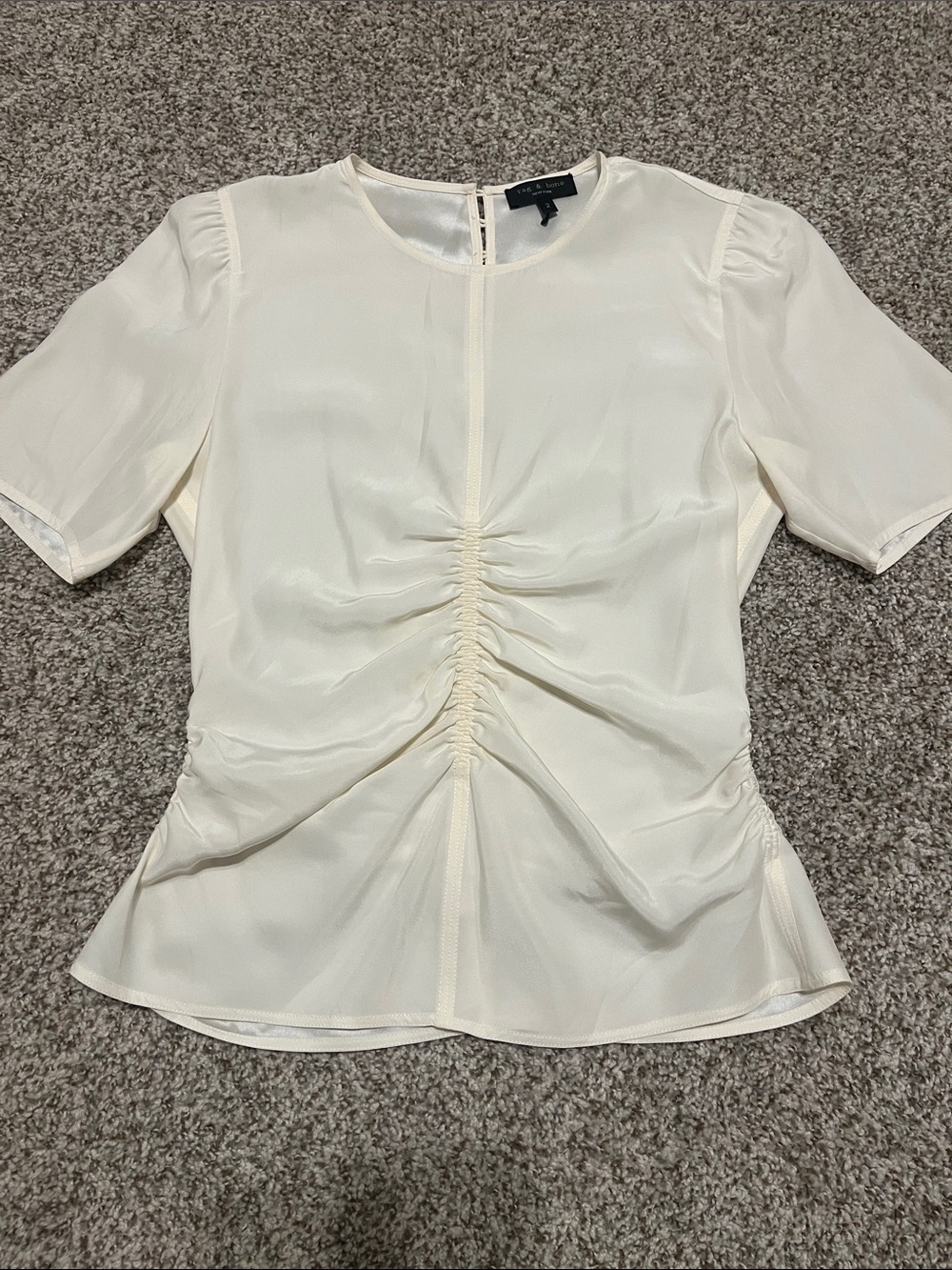 rag & bone Cream Ruched Short Sleeve Blouse - 100% Silk